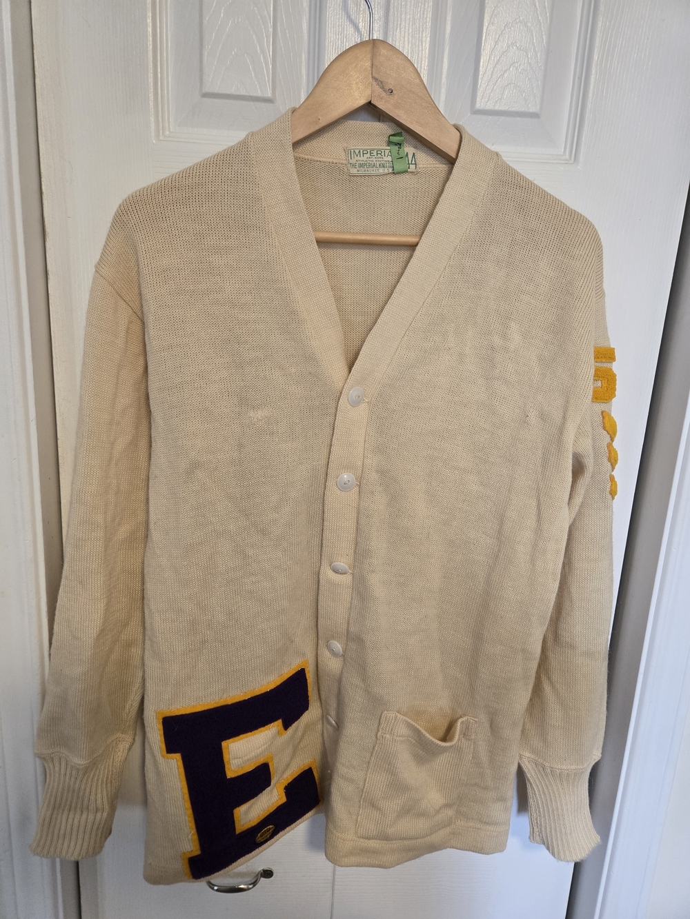 Cream 1950s Men's Letterman Cardigan Sweater with Purple 'E' Patch